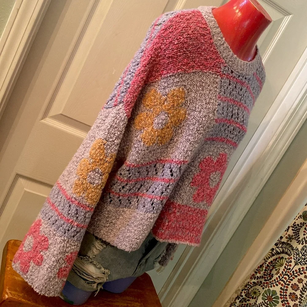 Moon & Madison Artistic Floral Kawaii Cute Purple, Pink, & Orange Sweater - Picture 11 of 14